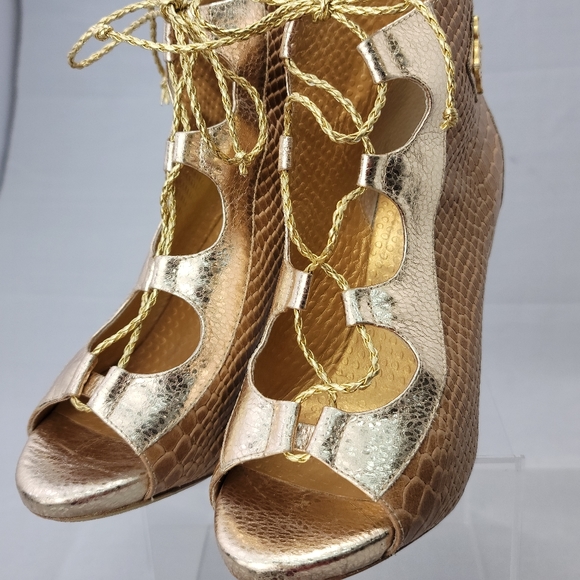 Lace Up Peep Toe Block Heel Leather Sandals Shoes Size 7 - Picture 3 of 13